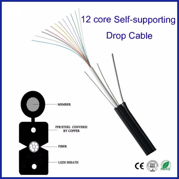 FTTH 12 Core Drop Fiber Optic Cable GJYXCH With Steel Wire Black Color