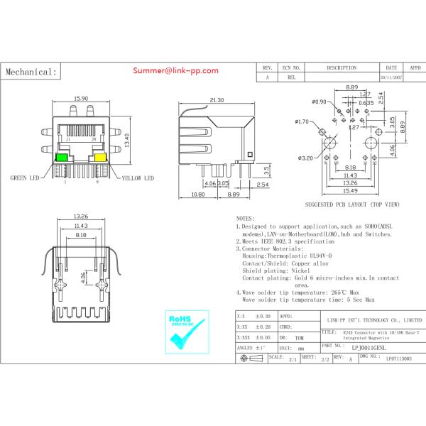 13F-64GYDP2NL Magnetic RJ45 Jack LPJ0011GENL 10 / 100Base-T Shield with LEDs