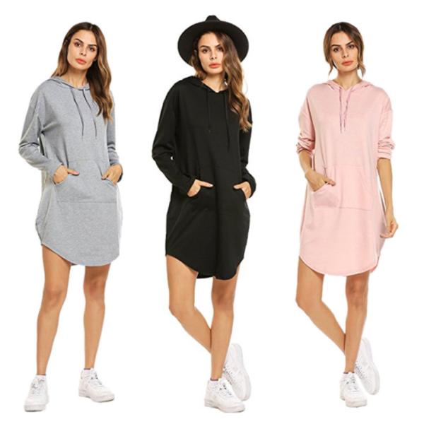 Stylish Plus Size Ladies Shirts String Kangaroo Pocket Long Fleece Dress With