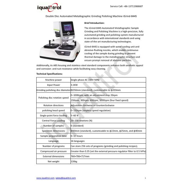 Double Disc Automated Metallographic Grinding Polishing Machine iGrind-844S in Stepless Speed