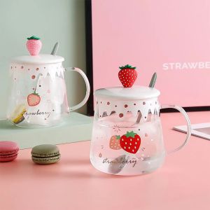 Pink Strawberry Shape Borosilicate Glass Cup 440ml With Heat Transfer
