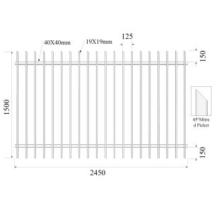 45 degree mitred 19mmx19mm picket Hercules Fencing H1500mm*W2450mm 2x40mm rails