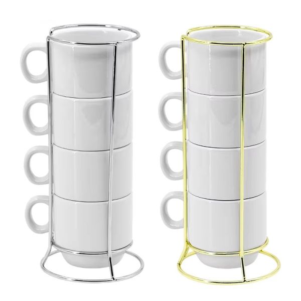 Sublimation Blank Stackable Mug Set Cute Heat Transfer Coffee Mugs Custom Set Of 4 Mug With Metal Rack
