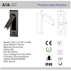 IP40 Recessed adjustable bedside wall light 3W LED reading light & led headboard