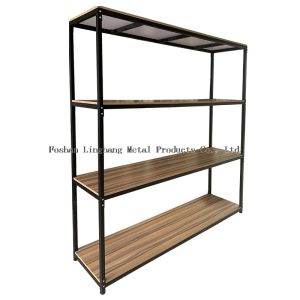 H1800mm L800mm Warehouse Storage Shelves Wood And Black Metal Rack Three Layer