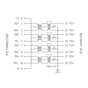 RV1-1610QP1A Vertical RJ45 Jack 1000Base-T Magnetic Integrated