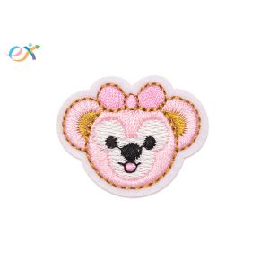 Custom Pink Cute Cartoon Embroidered Fabric Patches Iron On Backing With Laser