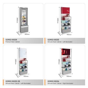 Makeup Shop Design Grey Oiled Wooden Board Skincare Back Cabinet With Light Box