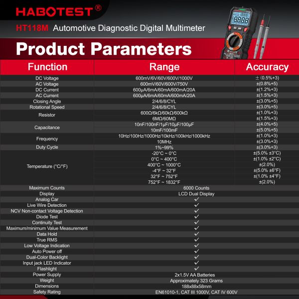 Portable Digital Multimeter with 600V Measuring Voltage 10A Measuring Current and Data Logging for Industrial Use