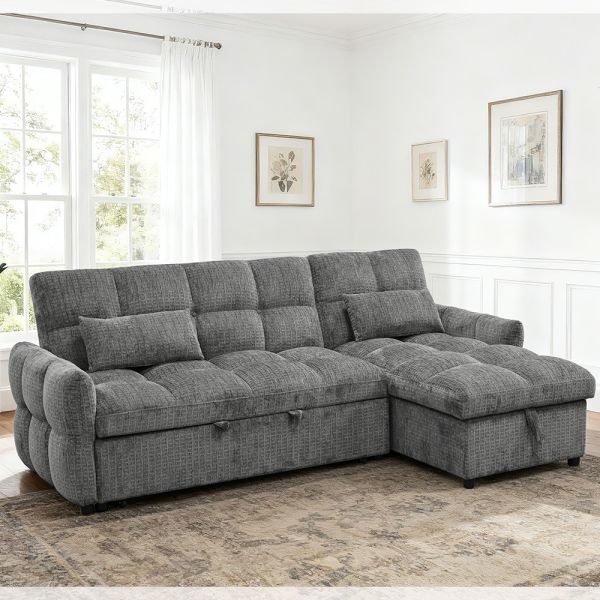 Quality L-Shaped Sectional Sleeper Sofa with Pull-Out Bed and Adjustable Backrest and Storage Chaise, Gray Chenille for sale