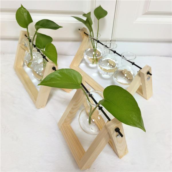Wholesale Plant Terrarium with Wooden Stand Bulb Glass Vase Retro Tabletop for Hydroponics Home Garden Office Decoration