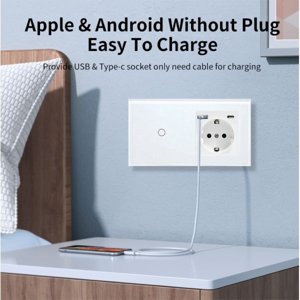 Smart Touch Light Switch with USB Type-C Wall Socket featuring 157mm Glass Panel WiFi Tuya Remote Control and 2-in-1 Bedside Power Station