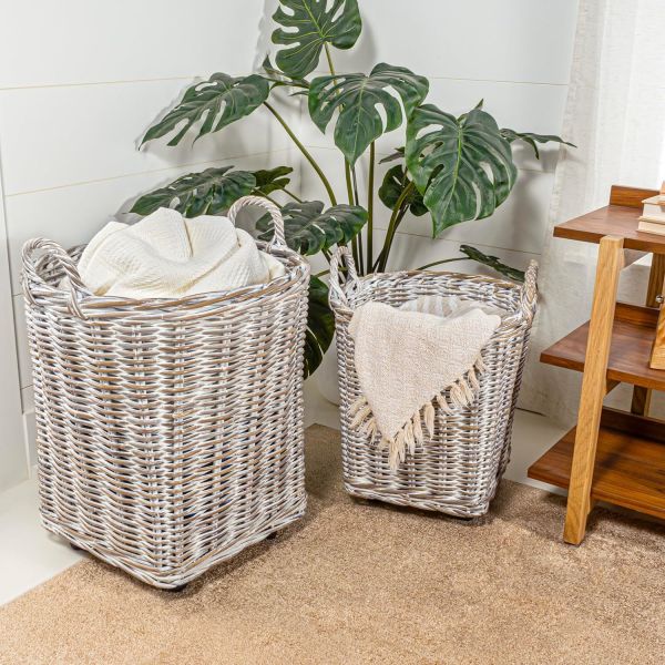 Hand-Woven Rattan Nesting Wicker Storage Baskets W/ Wheels And Handles, Seagrass