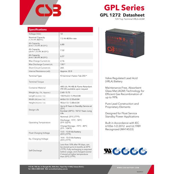 GPL1272 12V 7.2Ah CSB Battery Rechargeable Maintenance-Free Lead Acid Long Life Battery For UPS