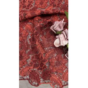 Leafy Red Color Embroidered Sequin Mesh Fabric Featherlight Luxury Fabric For