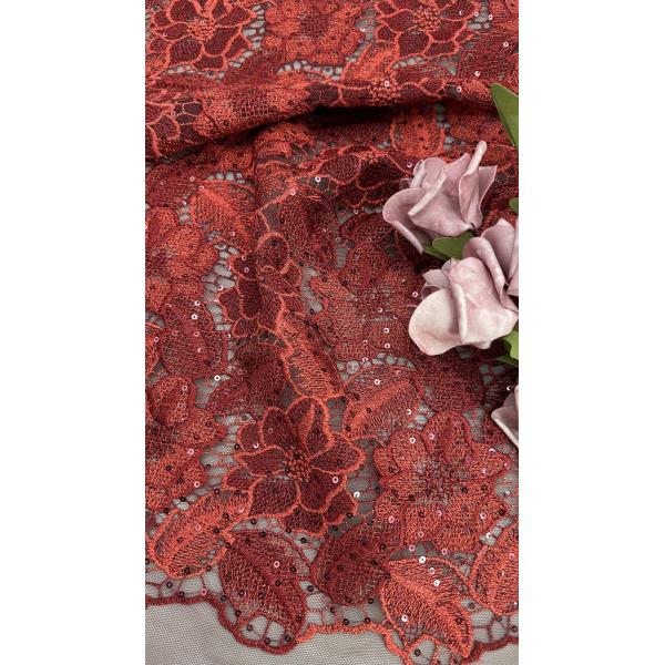 Leafy Red Color Embroidered Sequin Mesh Fabric Featherlight Luxury Fabric For