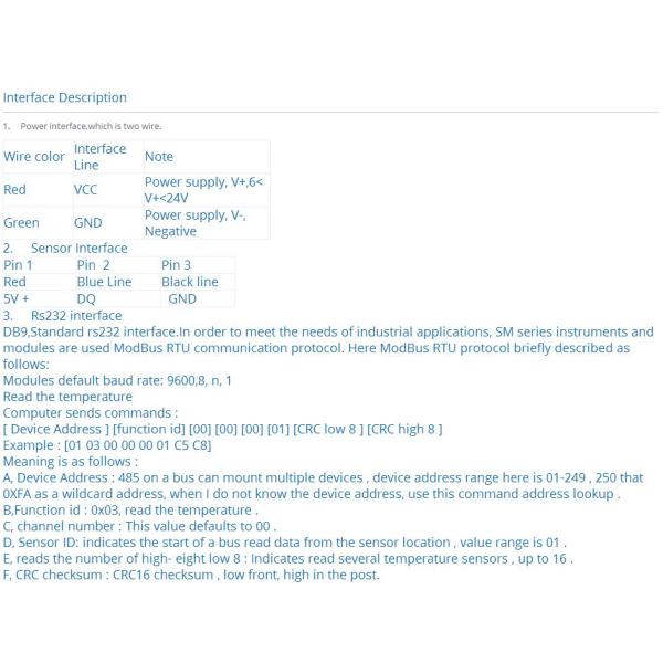 SM1000B-24 RS485 interface DS18B20 Temperature acquisition