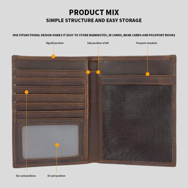 Fashionable Genuine Leather Passport Cover Bifold Wallet with RFID Blocking Cowhide