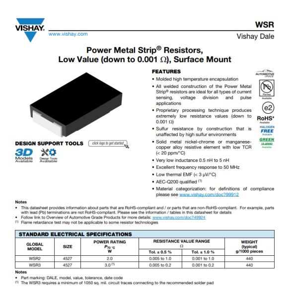 WSR2R1650FEA 165 mOhms ±1% 2W Chip Resistor 4527 J-Lead Anti-Sulfur Automotive