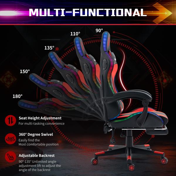 Height Adjustable Armrest RGB LED Gaming Chair with Massage Swivel Style and Speakers
