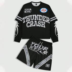 China Custom Long Sleeve Double Layer t Shirt Screen Print Jersey Summer Short Set Stripe Mesh Jersey Boxy Crop Tshirt and Shorts Set on sale