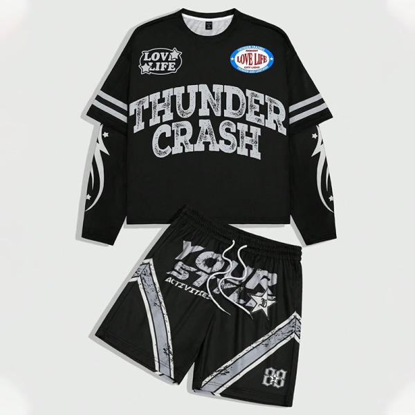 Quality Custom Long Sleeve Double Layer t Shirt Screen Print Jersey Summer Short Set Stripe Mesh Jersey Boxy Crop Tshirt and Shorts Set for sale