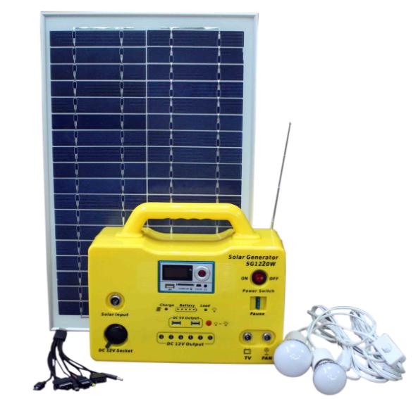 20W portable solar power system with LED lighting, USB charging , integrated