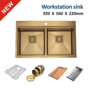 Double Bowl Top Mount Workstation Sink Stainless Steel Drop In Glod Sink 92x56