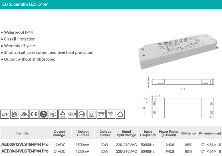 Slim IP44 Flicker Free 30W EU Slim Letaron Slim LED Driver Direct Factory