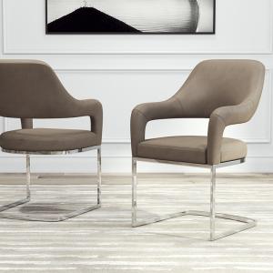 China Contemporary silver stainless steel dining chair PU leather upholstery armrest chair for living room on sale