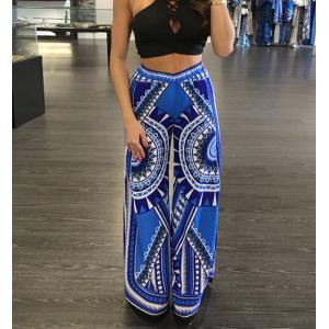 breathable loose cotton printed long blue trouser with elastic waist