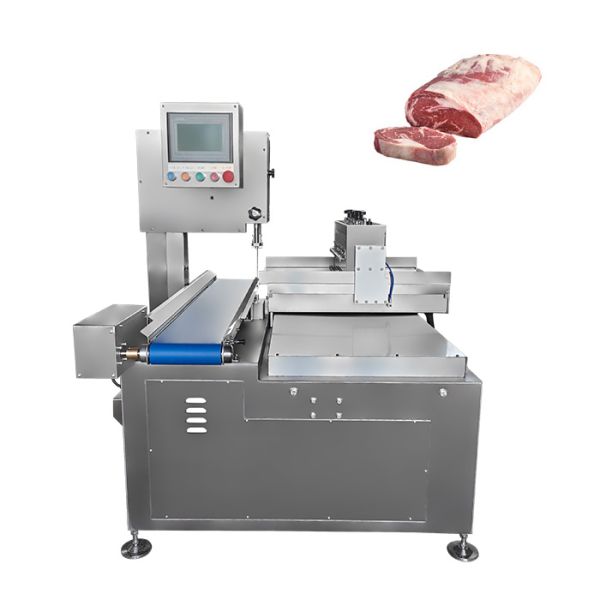 Auto Single-Cut Bandsaw Machine Cutting Frozen Meat into Beef Roll Cube Steak with 1-200mm Ajustable Cutting Thickness