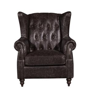 Retro Distressed Leather Winged Armchair , High Back Upholstered Chairs With