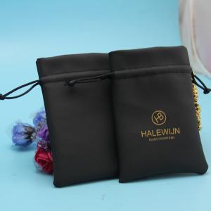 Small Size Black Drawstring Jewelry Bag Pu Leather With Custom Printed Logo