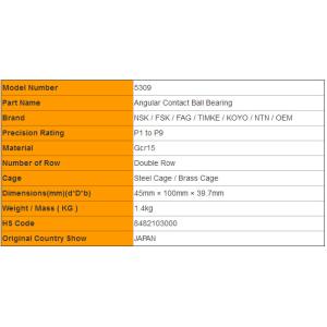 NSK 5309 Angular Contact Ball Bearing with Double Row Black Chamfer
