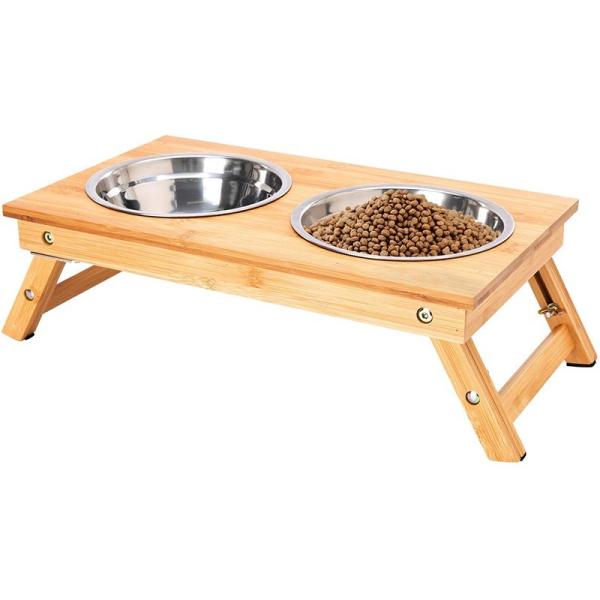 Single Tier Sustainable Bamboo Foldable Pet Feeder Non-Slip Two Bowls for