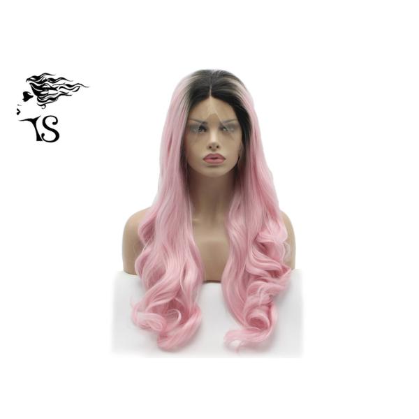 Quality 26 inch Wavy Curly Pink Lace Front Wigs Synthetic Hair With Dark Roots For Rupaul for sale