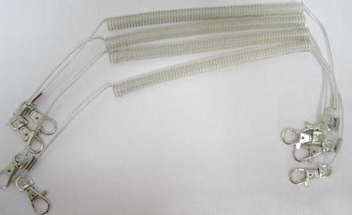 Quality Pure clear PU coated coil string with stainless steel wire inside w/heavy duty snap hooks for sale