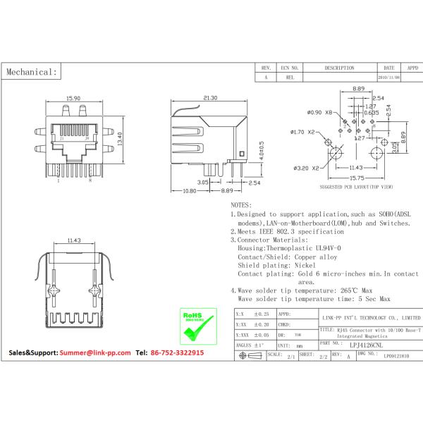RJ-001TC1 Single 10/100 BASE-TX Filtered Connector Module LPJ4126CNL RoHS