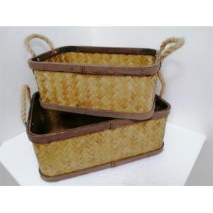 Beige Woven Rectangle Basket Set With Rope Handle
