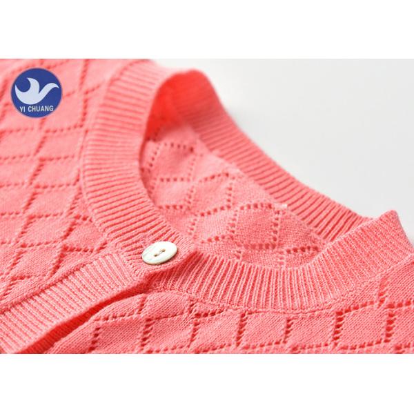 Crew Neck Girls Cardigan Sweaters Spring Knitwear Shell Buttons Diamond Pointelle
