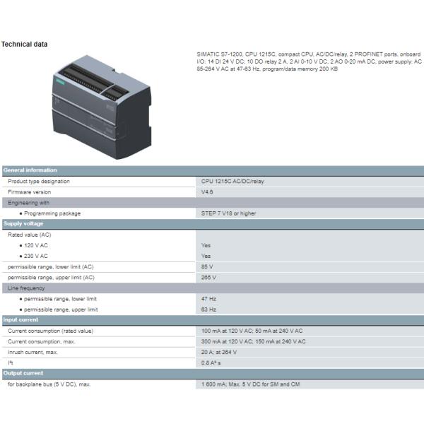 6ES7215-1BG40-0XB0 Siemens Compact CPU 1215C AC/DC/Rly SIMATIC S7-1200 100% Original