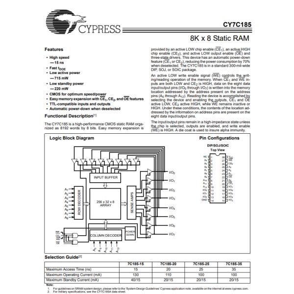 CY7C185-20PC SRAM - Asynchronous Memory IC 64Kbit Parallel 20 ns 28-PDIP