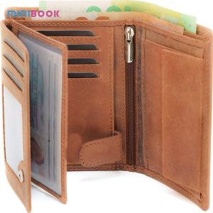 Men'S Trifold Wallet With Zipper And Coin Pocket Black 100% Genuine Leather