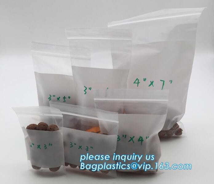 white block zip lock bags, bag with white panel, three white block, handwrite