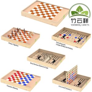 Wooden Board Game Set with Chess, Checkers, Shut The Box, Hockey Game Sling Puck