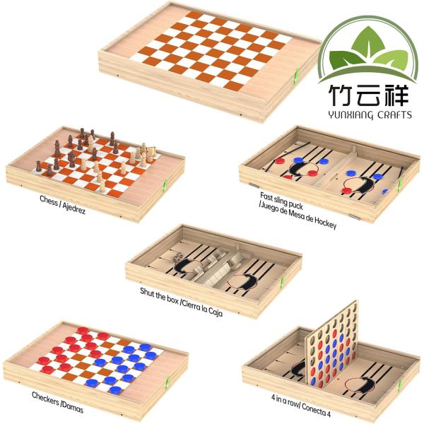 Wooden Board Game Set with Chess, Checkers, Shut The Box, Hockey Game Sling Puck
