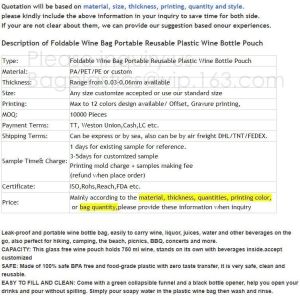 Foldable wine bag portable reusable plastic wine bottle pouch,wine bottle pvc