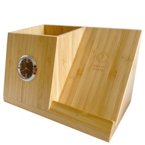 Living Room Fast Wireless Charger Stand with Pen Holder and Clock Natural Design