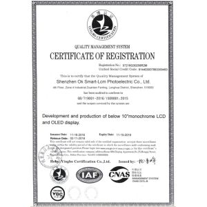 Shenzhen Ok Smart-Lcm Photoelectric Co., Ltd. Certifications